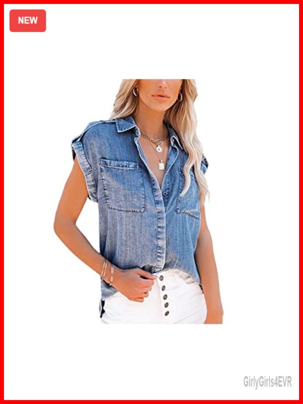 Womens Distressed Button Down Sleeveless Denim Shirt Top
